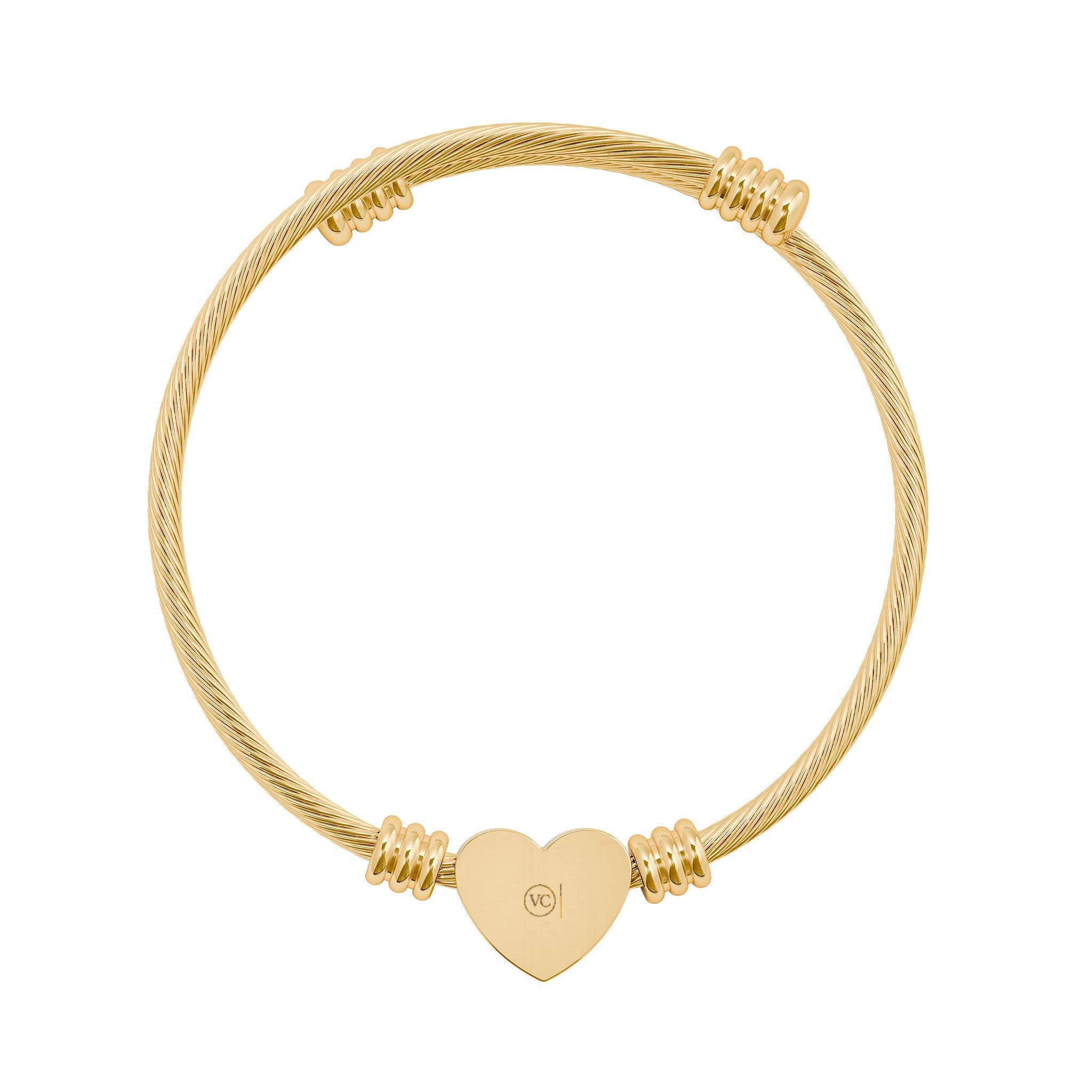 Engraved Heart Cuff Bracelet | Gold Cable Wire Bangle